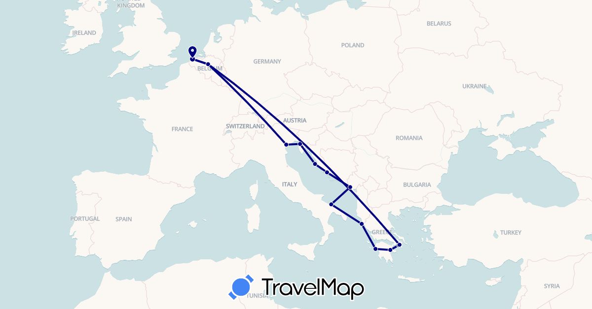 TravelMap itinerary: driving in Belgium, Greece, Croatia, Italy, Montenegro, Slovenia (Europe)